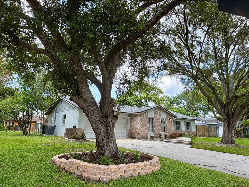 A single-story house with a stone facade, a large tree, and a concrete driveway — 1 KING ARTHUR COURT, CASSELBERRY, FL