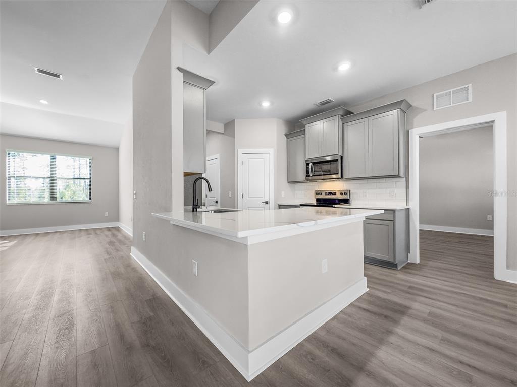 A kitchen features gray cabinets, white countertops, and light wood-look flooring — 2411 GALLAGHER ROAD, DOVER, FL