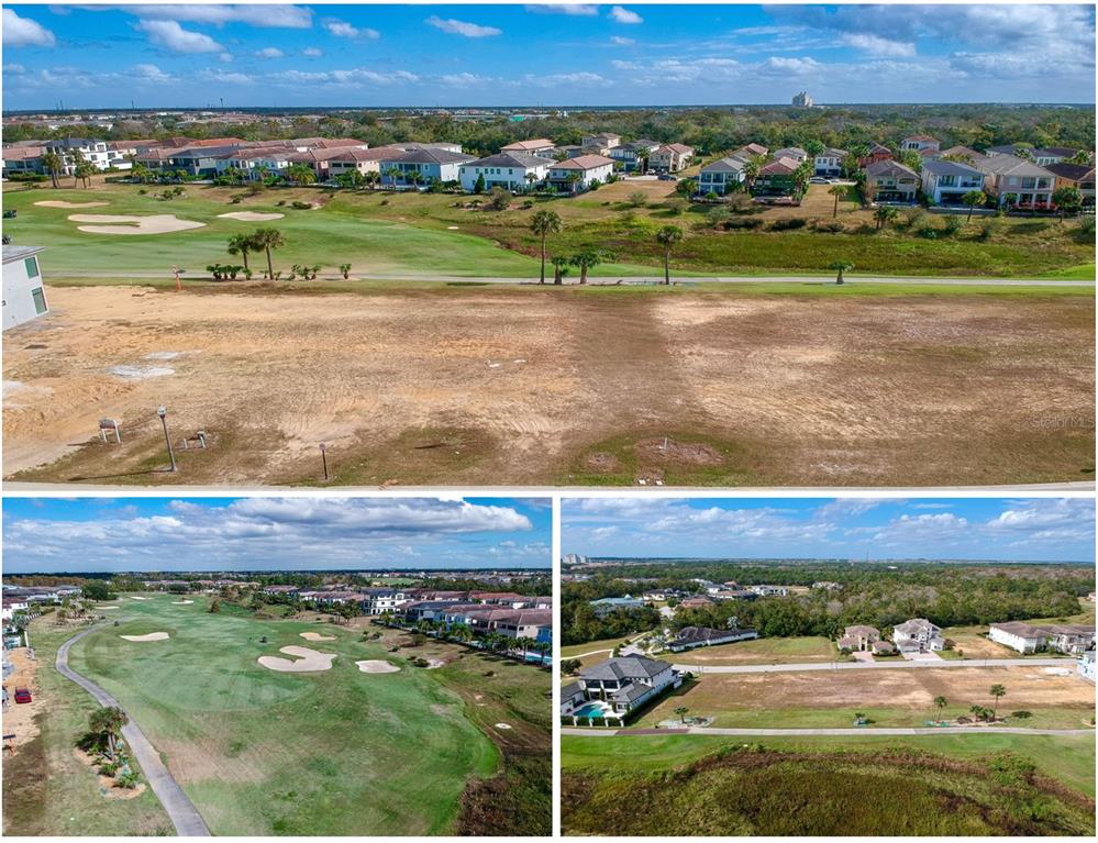An aerial view shows a vacant rectangular residential lot highlighted in red — 1161 GRAND TRAVERSE PARKWAY, REUNION, FL
