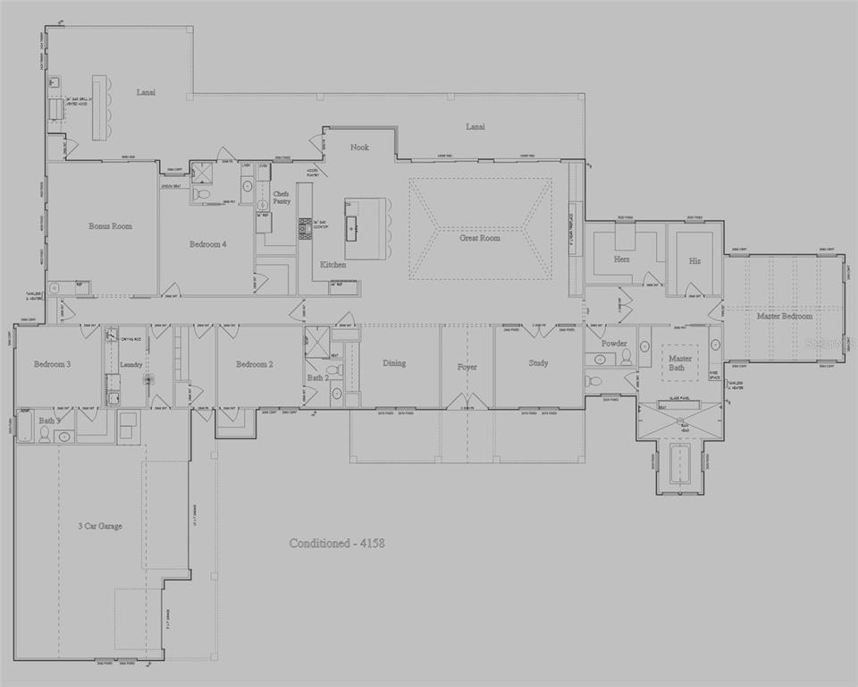 This is a floor plan for a single-story house featuring four bedrooms, a three-car garage, and a large lanai — 5189 SW 125TH CIRCLE, ARCHER, FL