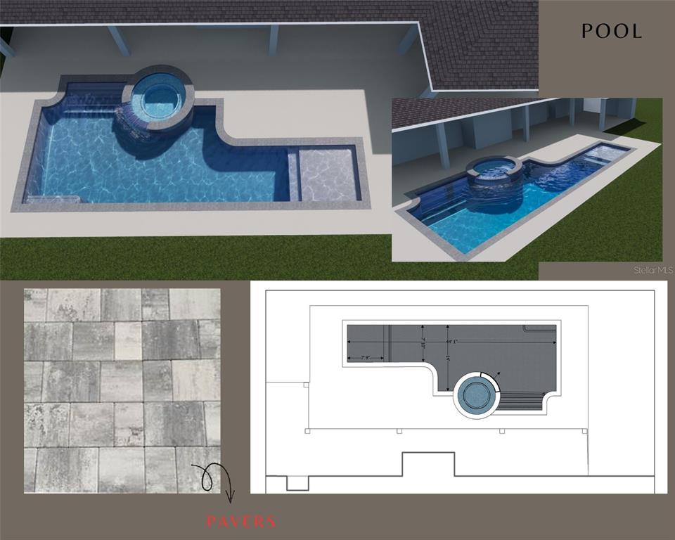 This rendering shows a swimming pool design with an attached spa and surrounding paver patio — 5189 SW 125TH CIRCLE, ARCHER, FL