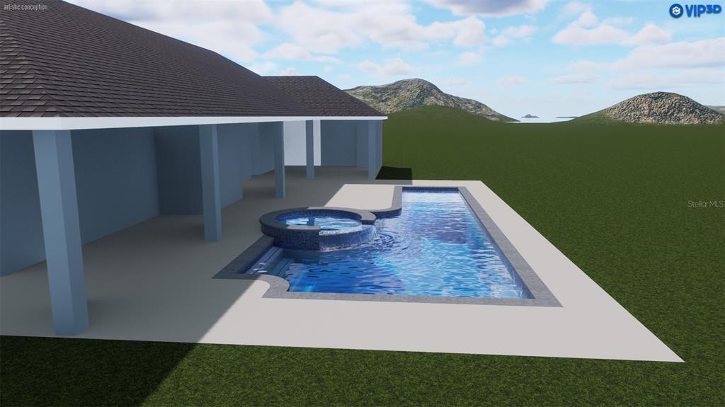 This digital rendering shows a house exterior with a covered patio and a swimming pool — 5189 SW 125TH CIRCLE, ARCHER, FL