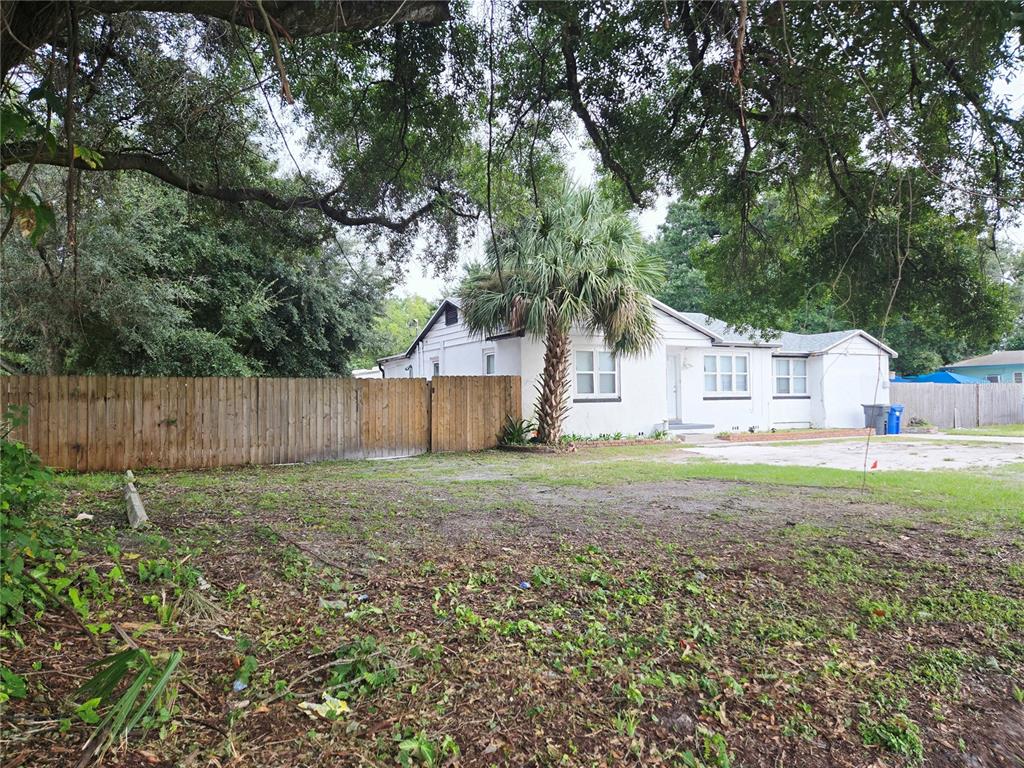 A white single-story house with a palm tree stands behind a wooden fence and yard — 3119 W LAMBRIGHT STREET, TAMPA, FL