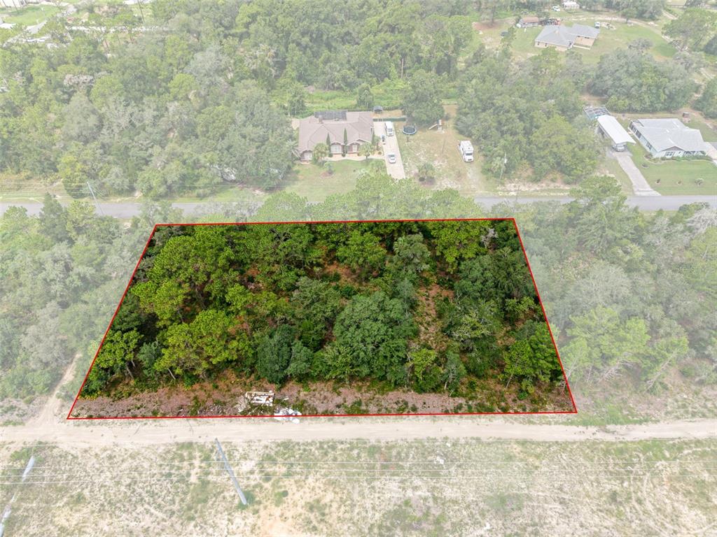 An aerial view shows a rectangular, wooded lot outlined in red next to a paved road — 12250 MARVELWOOD ROAD, WEEKI WACHEE, FL