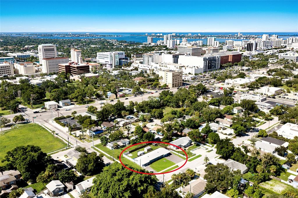 An aerial view shows a single-story building with a fenced yard in a residential neighborhood — 431 N EAST AVENUE, SARASOTA, FL