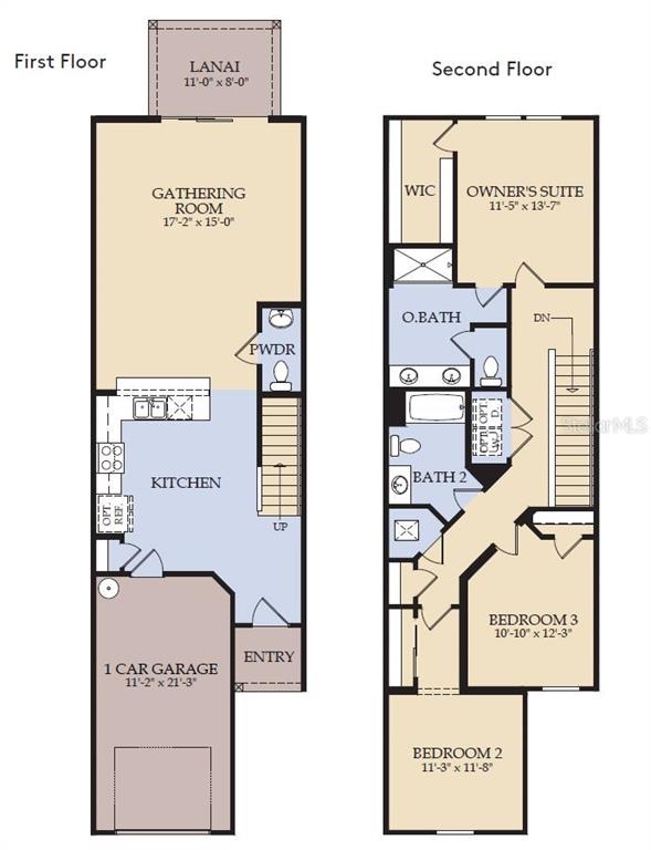 This floor plan shows the layout of a two-story home with three bedrooms and a garage — 5110 MORNING DEW LANE, WEST MELBOURNE, FL
