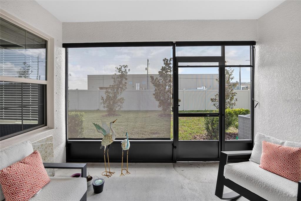 A screened-in patio features concrete flooring, two chairs with patterned pillows, and metal bird statues — 17240 HOLLY WELL AVENUE, WIMAUMA, FL