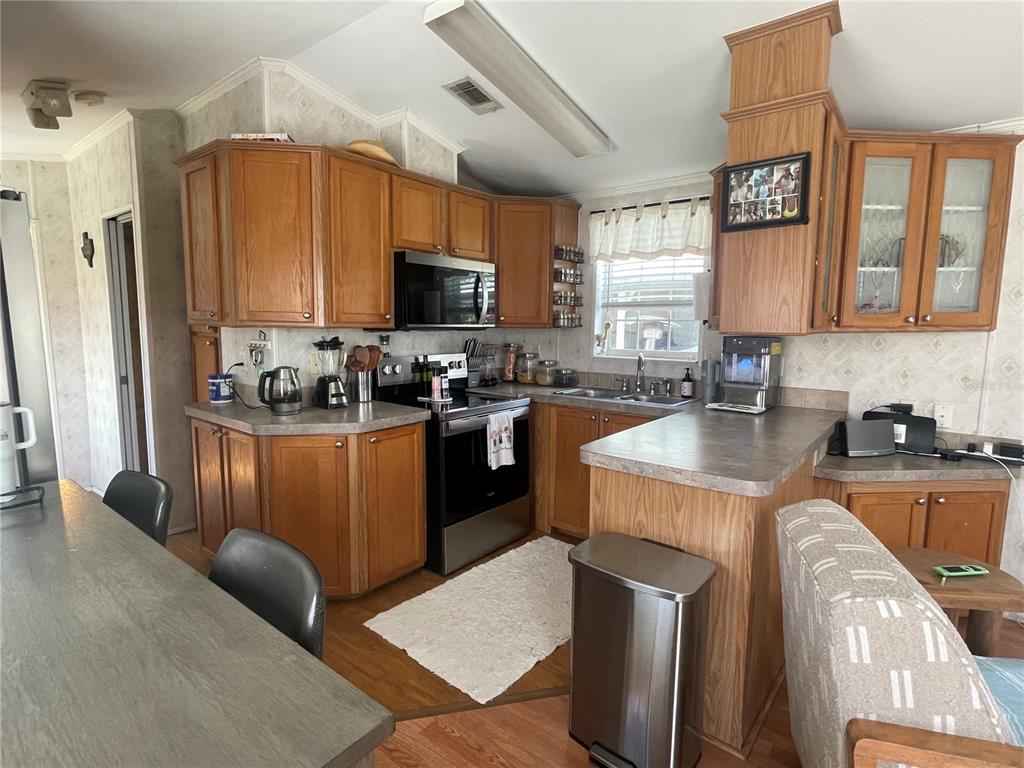 A kitchen features wood cabinets, laminate countertops, stainless steel appliances, and a breakfast bar — 21127 SAN PABLO DRIVE, LAND O LAKES, FL