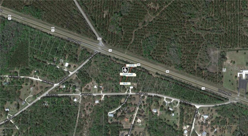 This is an aerial map showing a rectangular plot of land outlined in red — SW 316TH AVENUE, CROSS CITY, FL