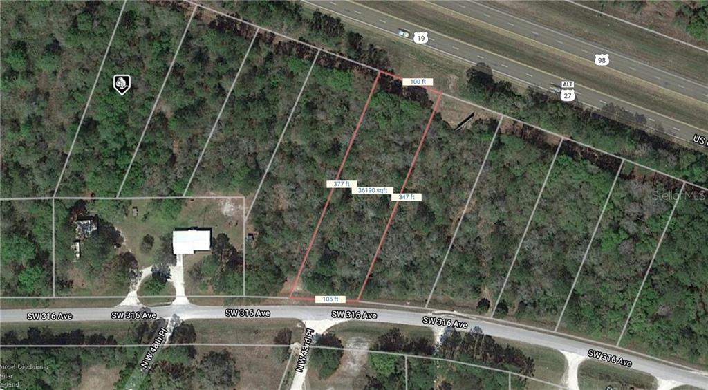 This is an aerial map showing a rectangular plot of land with dimensions and square footage — SW 316TH AVENUE, CROSS CITY, FL