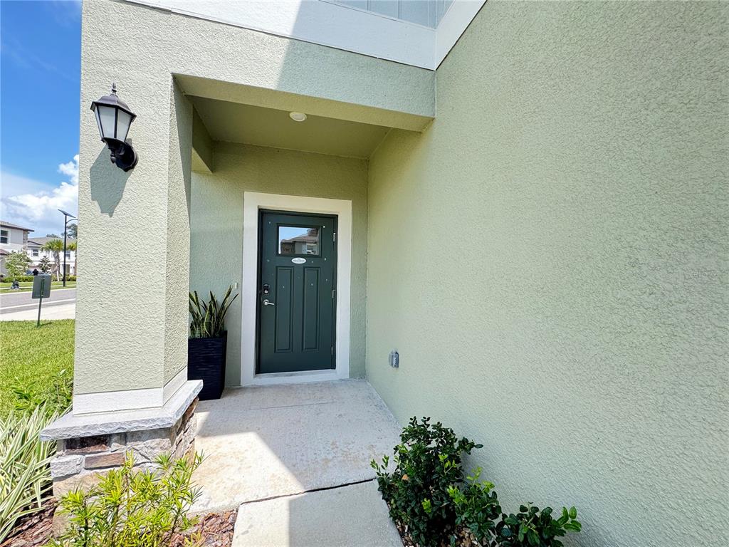 A green front door is set within a covered entryway with light green stucco walls — 10268 HONEY HAMMOCK WAY, SAN ANTONIO, FL
