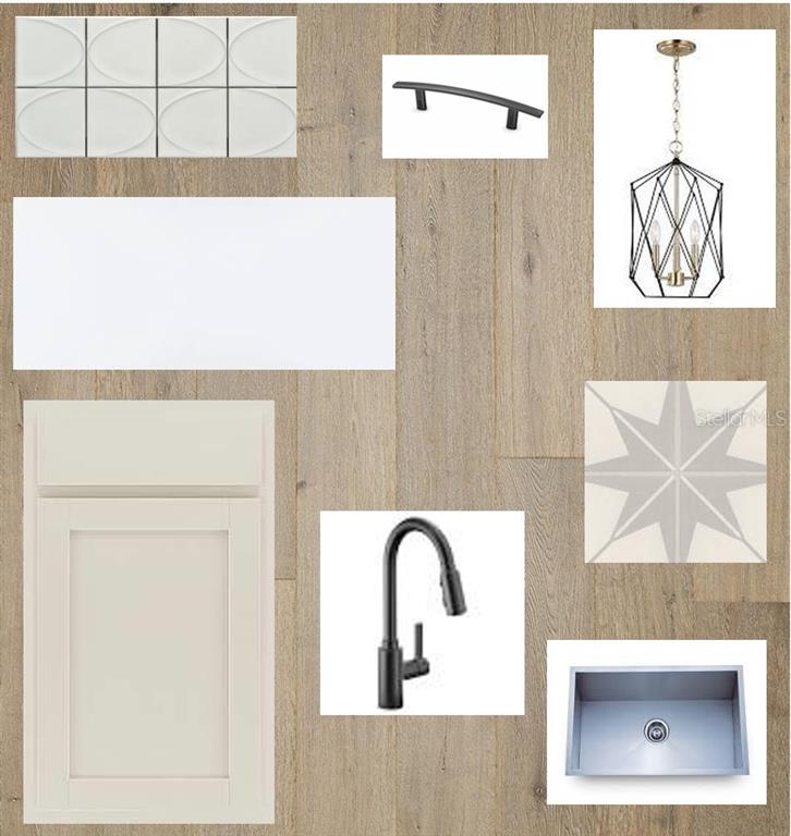 This design board displays kitchen finishes including cabinetry, flooring, hardware, lighting, and plumbing fixtures — 5147 CREEK SAND DRIVE, APOLLO BEACH, FL
