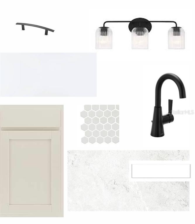 This design board displays samples of cabinetry, hardware, lighting, tile, and countertop finishes — 5147 CREEK SAND DRIVE, APOLLO BEACH, FL