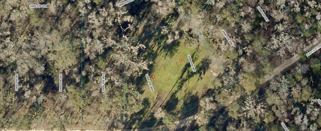 This is an aerial map view showing two adjacent vacant lots outlined in a wooded area — 00 SW 14TH STREET, OCALA, FL