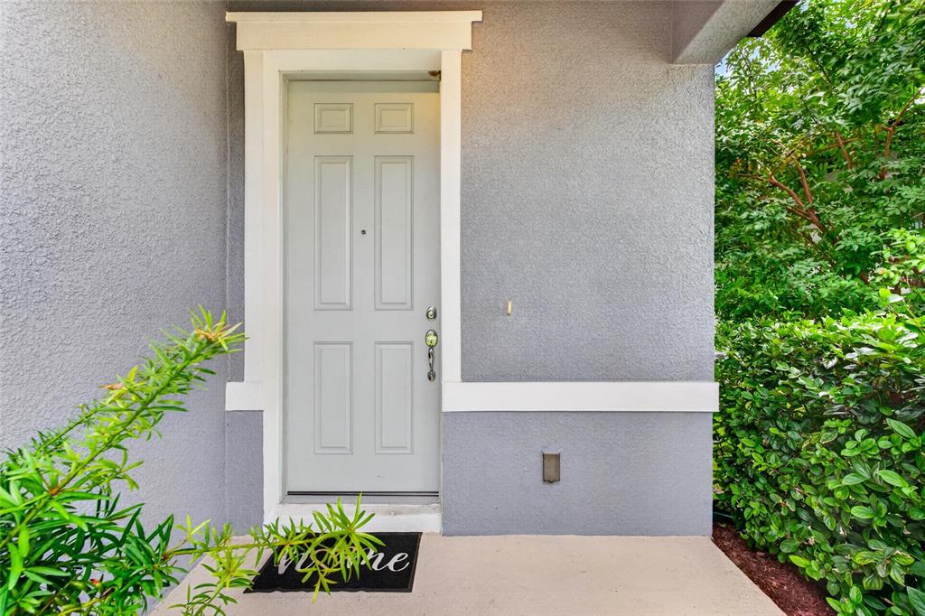 A light gray front door with white trim is set against a gray stucco exterior wall — 9426 LAMINE WAY, PARRISH, FL