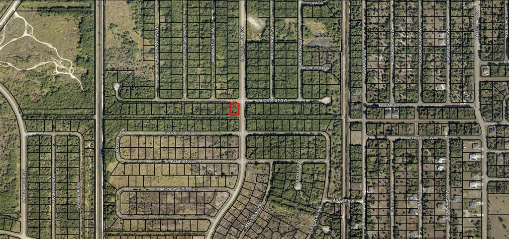 This is an aerial map view of a residential neighborhood with a highlighted vacant lot — 29-36-23-KV-02916 WALLCOTT STREET SW, PALM BAY, FL