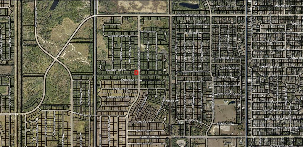 This is a map showing a residential neighborhood with a red marker on a lot — 29-36-23-KV-02916 WALLCOTT STREET SW, PALM BAY, FL