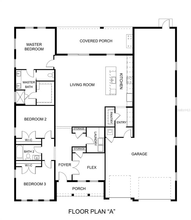 This is a floor plan for a three-bedroom house with a garage and covered porch — 6162 W CONESTOGA STREET, BEVERLY HILLS, FL