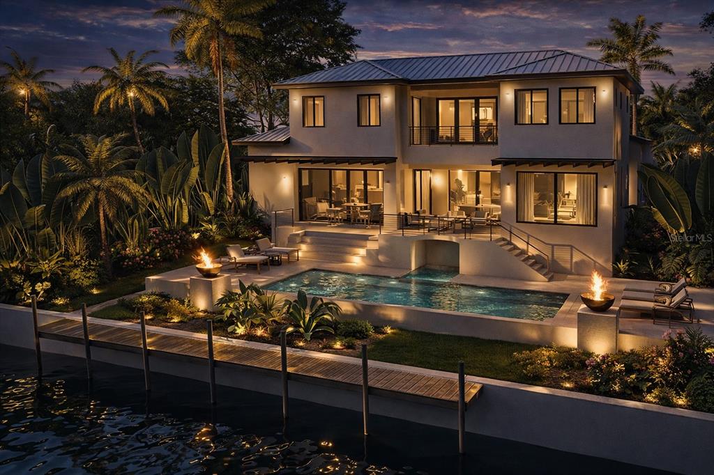 This is a digital rendering of a two-story waterfront home with a pool and dock — 526 N SPOONBILL DRIVE, SARASOTA, FL