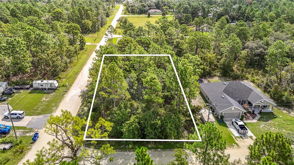 An aerial view shows a wooded, rectangular vacant lot situated between two residential properties — 13542 ROBIN AVENUE, WEEKI WACHEE, FL