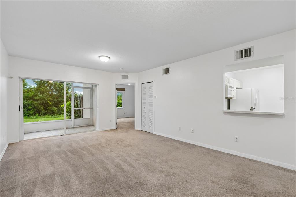 A living room with beige carpet, white walls, a sliding glass door, and a kitchen pass-through — 522 VILLA DEL SOL CIRCLE UNIT 101, ORLANDO, FL