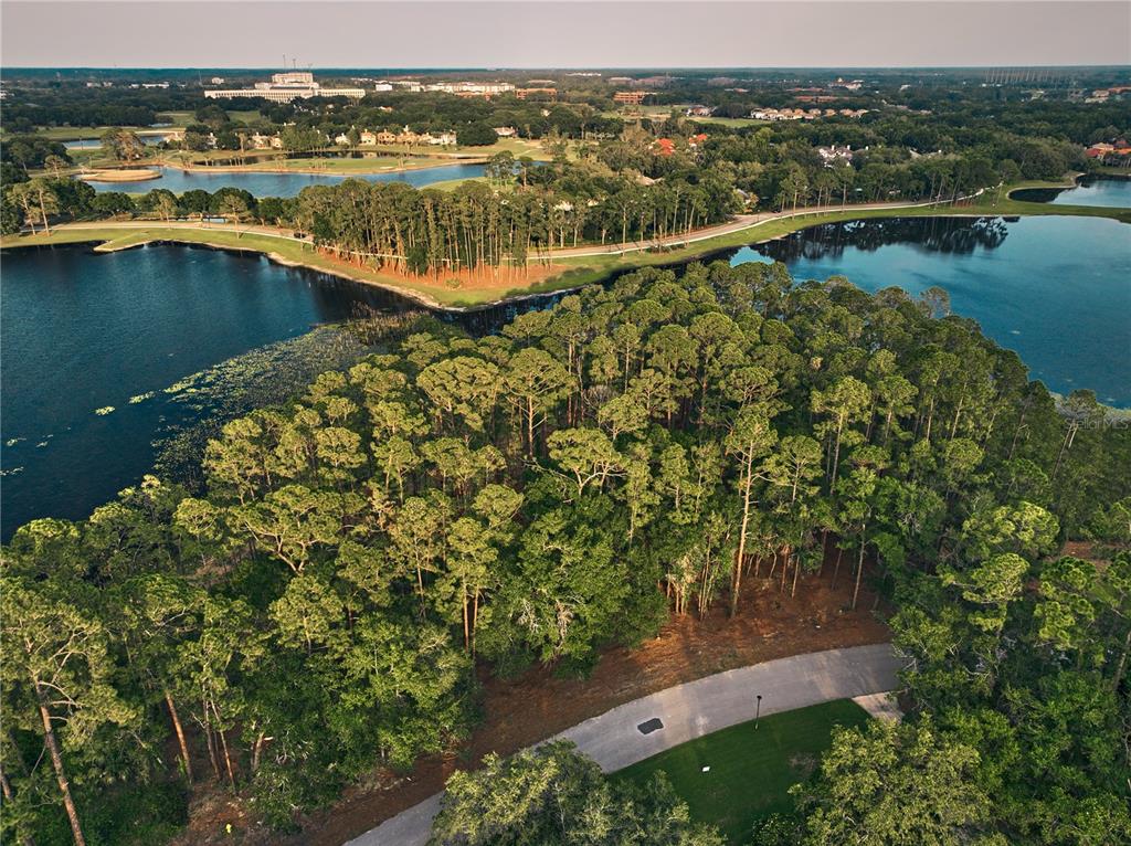 An aerial view shows a wooded lot surrounded by water with a paved road nearby — 116 E GREENTREE LANE, LAKE MARY, FL