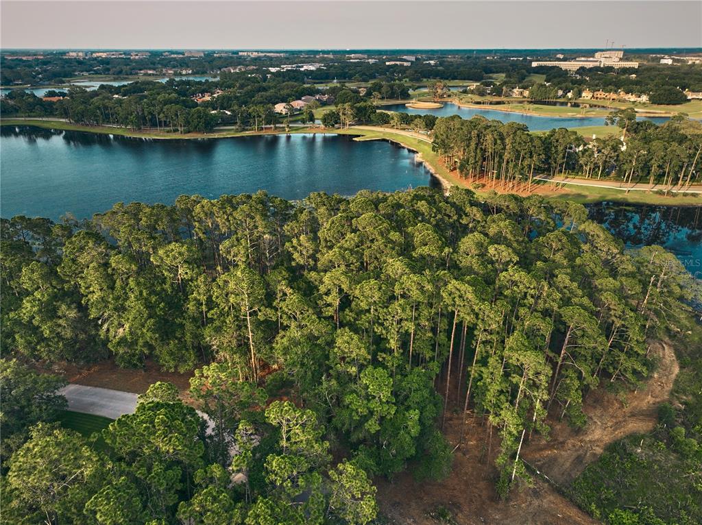 An aerial view shows a wooded lot bordering a large lake and a golf course — 116 E GREENTREE LANE, LAKE MARY, FL