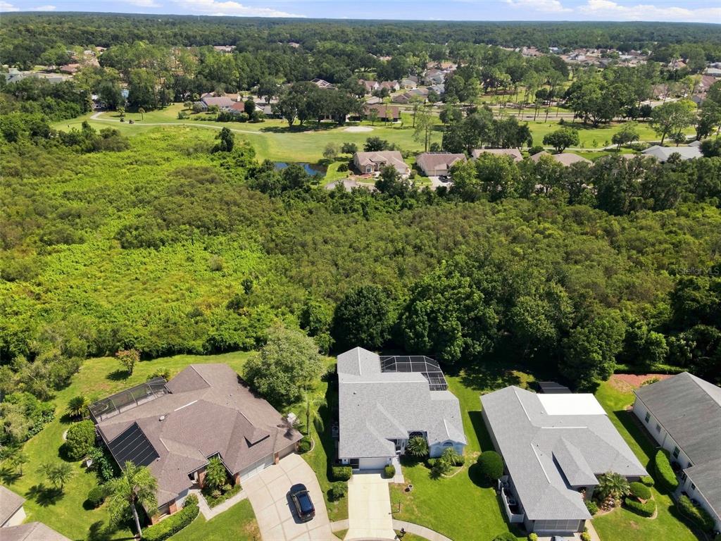 An aerial view shows suburban houses with screened lanais bordering a large, wooded green space — 9423 SUMMERBREEZE TERRACE, NEW PORT RICHEY, FL