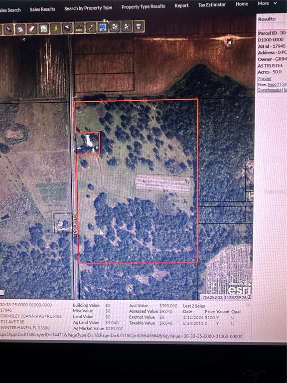 This is a satellite map view of a large, rectangular parcel of land with trees — 0 POLK ROAD, WAUCHULA, FL