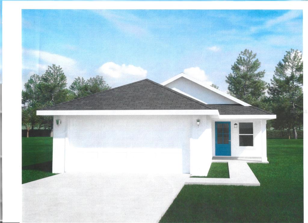 A digital rendering of a single-story house with a white exterior, dark roof, and blue door — 79 W CENTRAL AVENUE, WEBSTER, FL