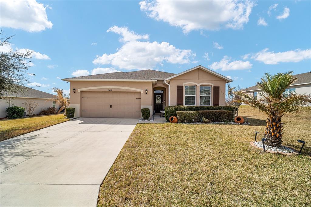 A single-story beige house with a two-car garage, a concrete driveway, and a palm tree — 9238 SW 60TH TERRACE ROAD, OCALA, FL