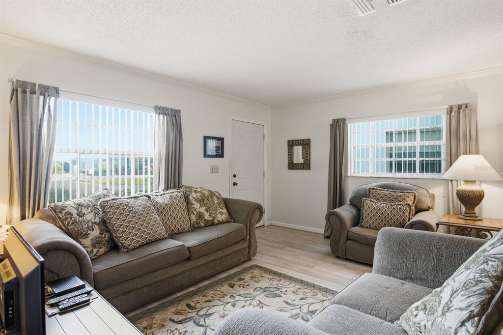 A living room features gray sofas, a patterned area rug, and windows with vertical blinds — 6206 WILDS DRIVE UNIT 5A, NEW PORT RICHEY, FL