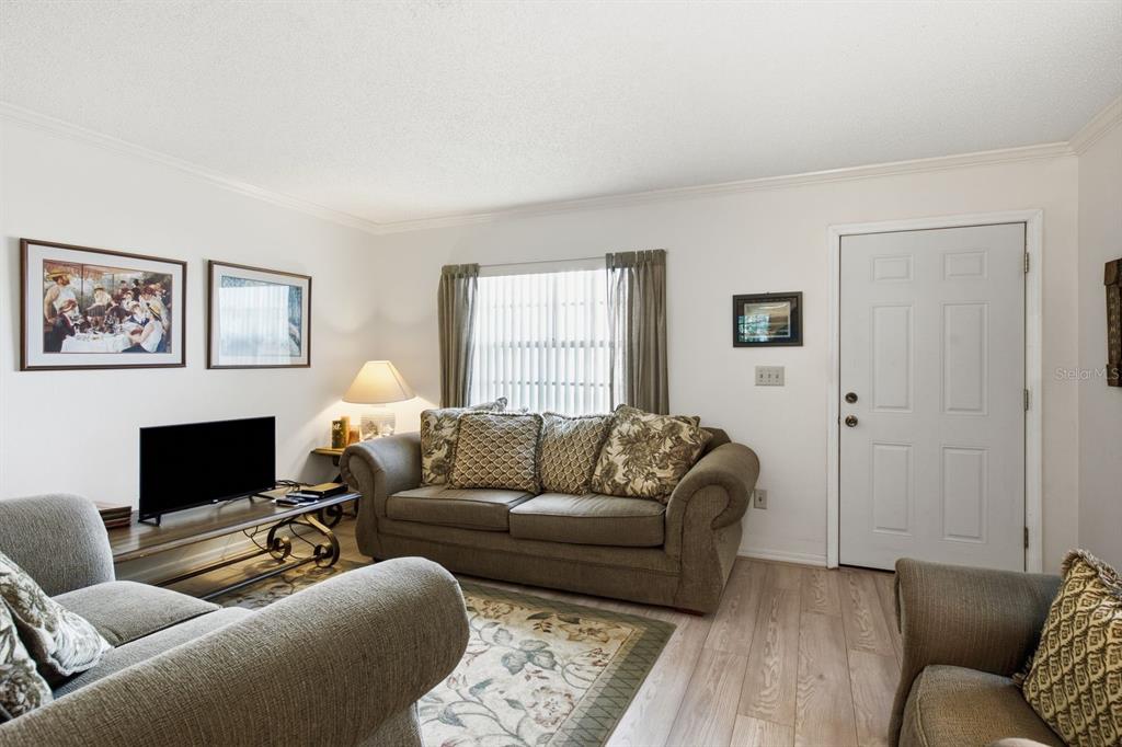 A living room features a sofa, two armchairs, a television on a stand, and wood flooring — 6206 WILDS DRIVE UNIT 5A, NEW PORT RICHEY, FL