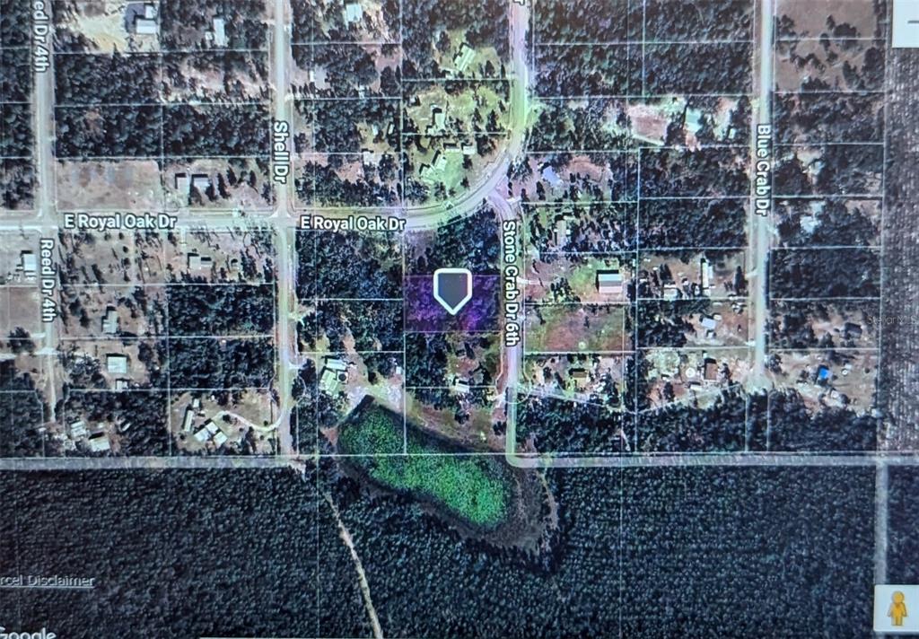 This is a satellite map showing a highlighted plot of land near residential streets — STONE CRAB, PERRY, FL