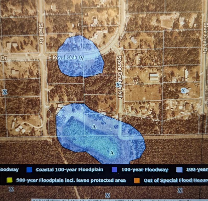 This is a flood zone map showing coastal 100-year floodplain areas in blue — STONE CRAB, PERRY, FL
