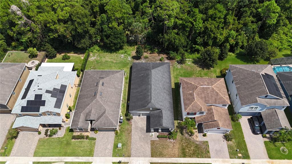 An aerial view shows a row of suburban houses with driveways and backyards bordering a forest — 383 BRUNSWICK DRIVE, DAVENPORT, FL