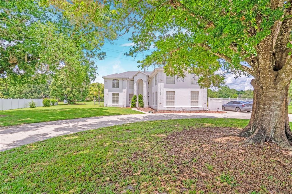 A two-story white brick house with a curved entryway stands behind a large oak tree — 2152 BLUE IRIS PLACE, LONGWOOD, FL