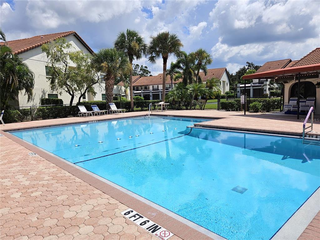 A rectangular swimming pool is surrounded by a brick paver deck and palm trees — 756 AVENIDA ESTANCIA UNIT 162, VENICE, FL
