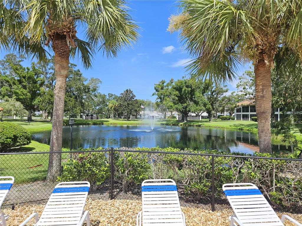 A view of a pond with a fountain, seen from behind a fence and lounge chairs — 756 AVENIDA ESTANCIA UNIT 162, VENICE, FL
