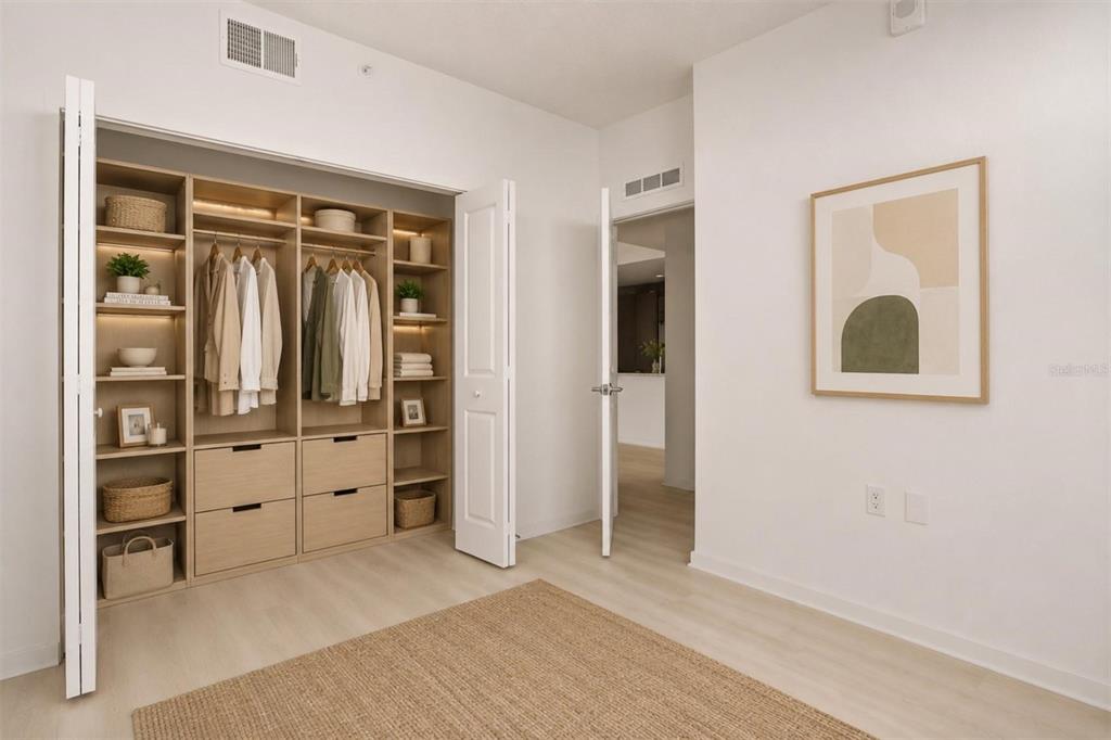 A bedroom features light wood flooring, a built-in closet system, and a framed abstract print — 5563 MILLENIA PARK BOULEVARD UNIT 401, ORLANDO, FL