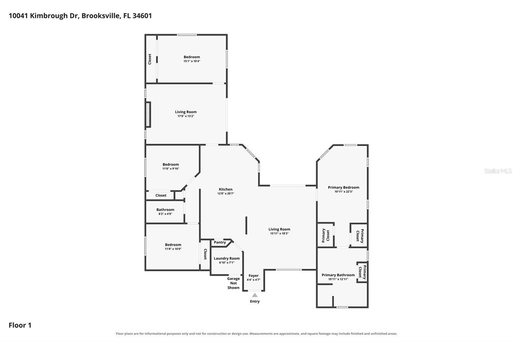 This is a floor plan for a single-story house with four bedrooms and two bathrooms — 10041 KIMBROUGH DRIVE, BROOKSVILLE, FL