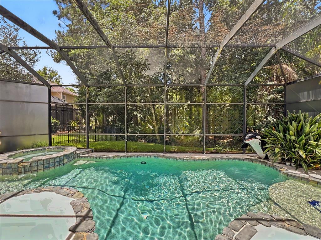 A swimming pool and hot tub are enclosed within a screened-in lanai with wooded views — 816 RUNNER OAK STREET, CELEBRATION, FL