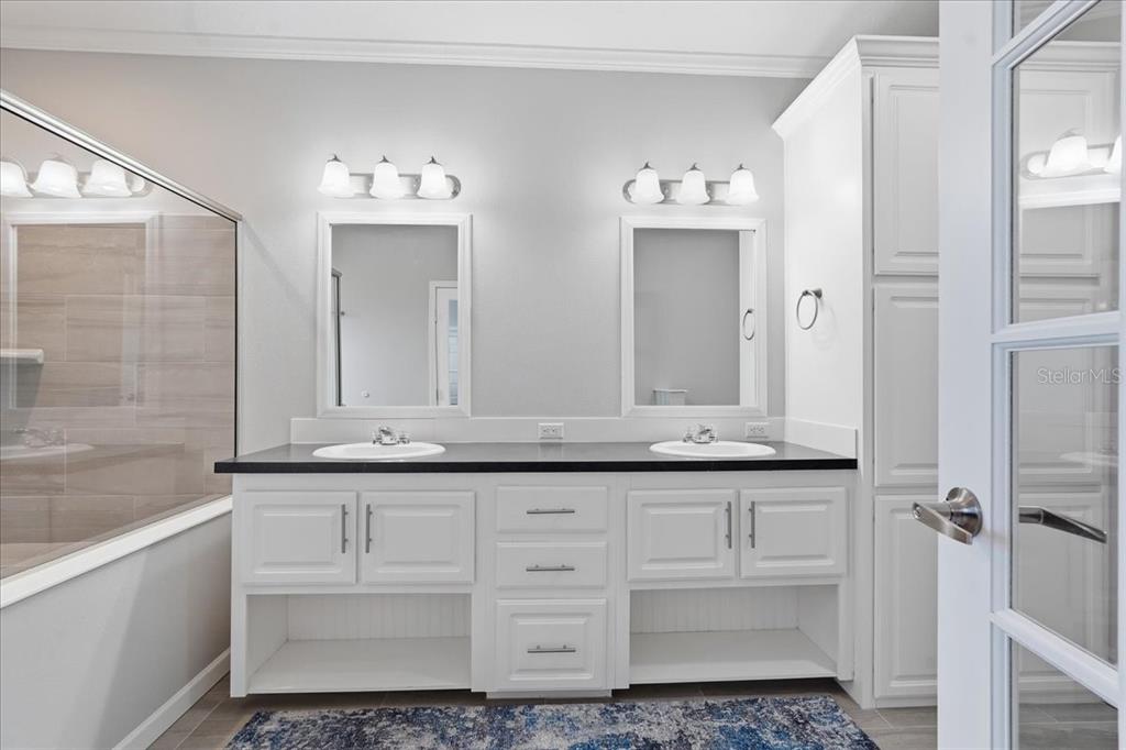 A bathroom features a double vanity with white cabinets, black countertops, and two wall mirrors — 8903 SHELDON WEST DRIVE, TAMPA, FL