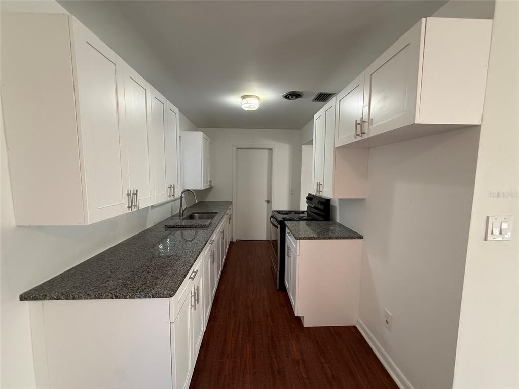 A galley kitchen features white cabinets, granite countertops, stainless steel appliances, and wood-look flooring — 536 NE 12TH COURT, GAINESVILLE, FL