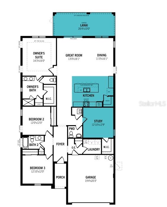 This is a floor plan for a single-story home featuring three bedrooms, a study, and a lanai — 13136 OXEYE LANE, PARRISH, FL