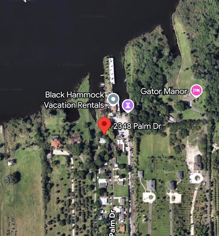 This is a satellite map view of a property located on a lakefront — 2348 PALM DRIVE, OVIEDO, FL