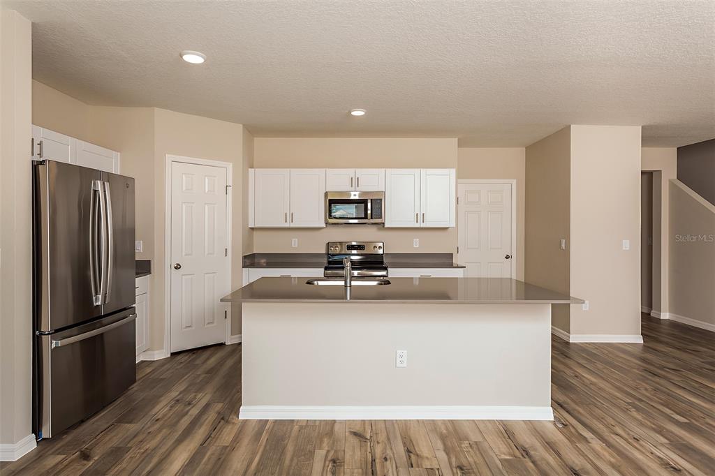 A kitchen features white cabinetry, stainless steel appliances, a center island, and wood-look flooring — 15257 MAUDE LANDING LOOP, WIMAUMA, FL