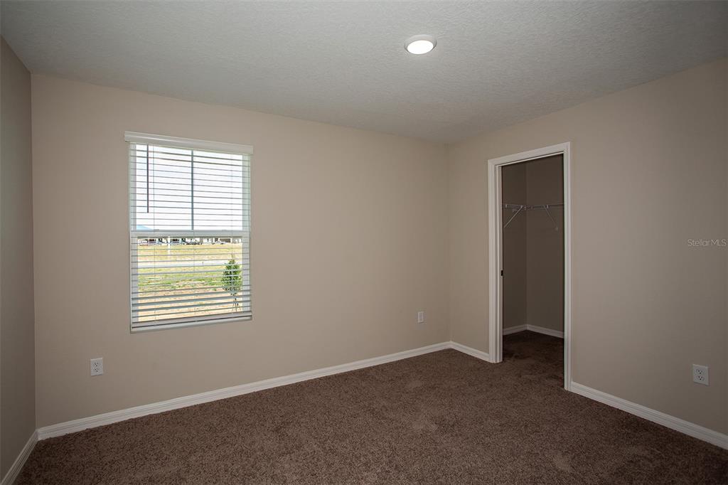 An empty bedroom features beige walls, brown carpet, a single window, and a walk-in closet — 15257 MAUDE LANDING LOOP, WIMAUMA, FL