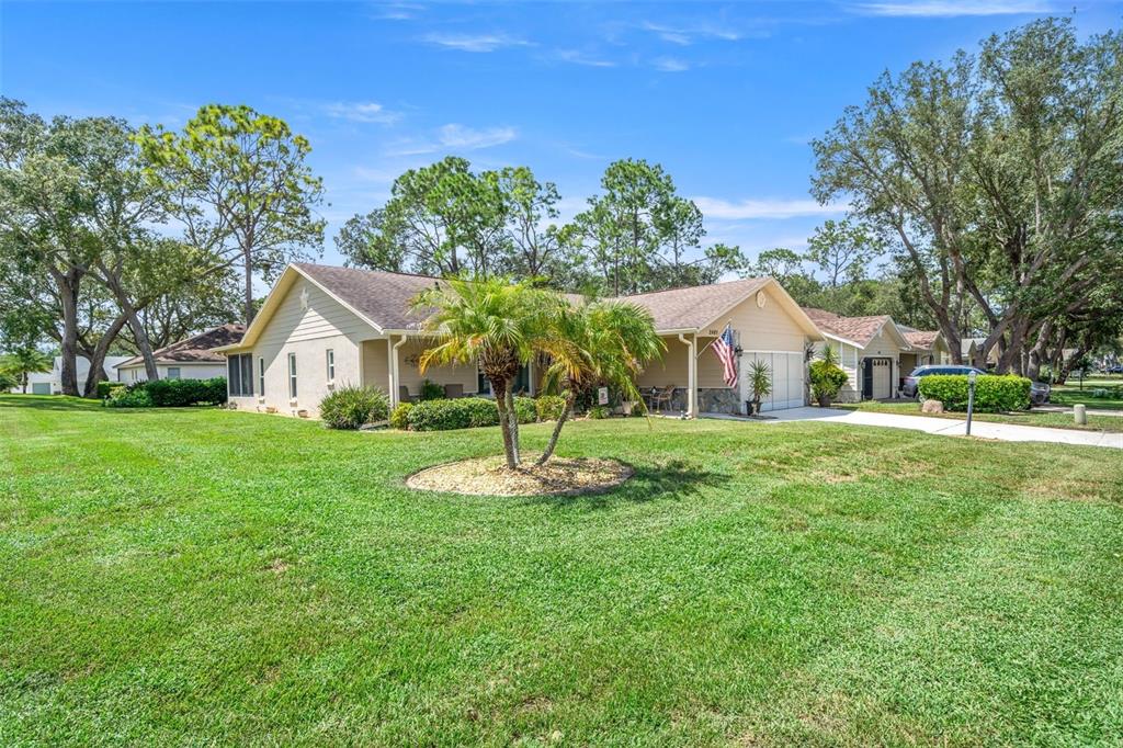 A single-story house with a beige exterior, a palm tree, and a grassy front yard — 2485 BROOKLAWN STREET, SPRING HILL, FL