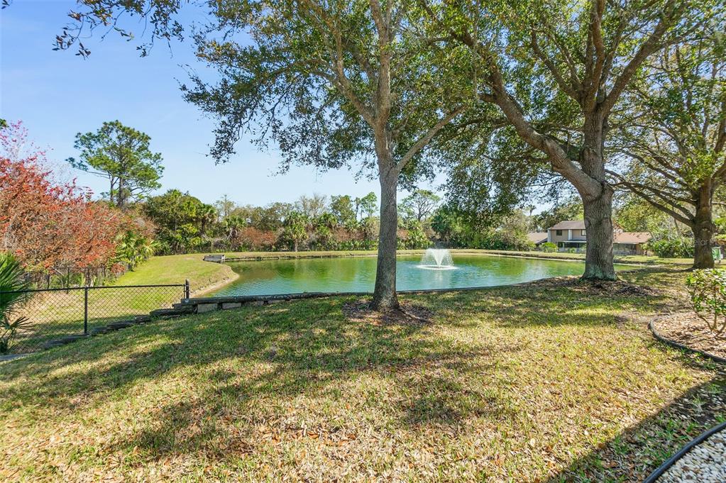 A grassy backyard features a small pond with a fountain and mature trees — 2001 PALM DRIVE UNIT B101, FLAGLER BEACH, FL